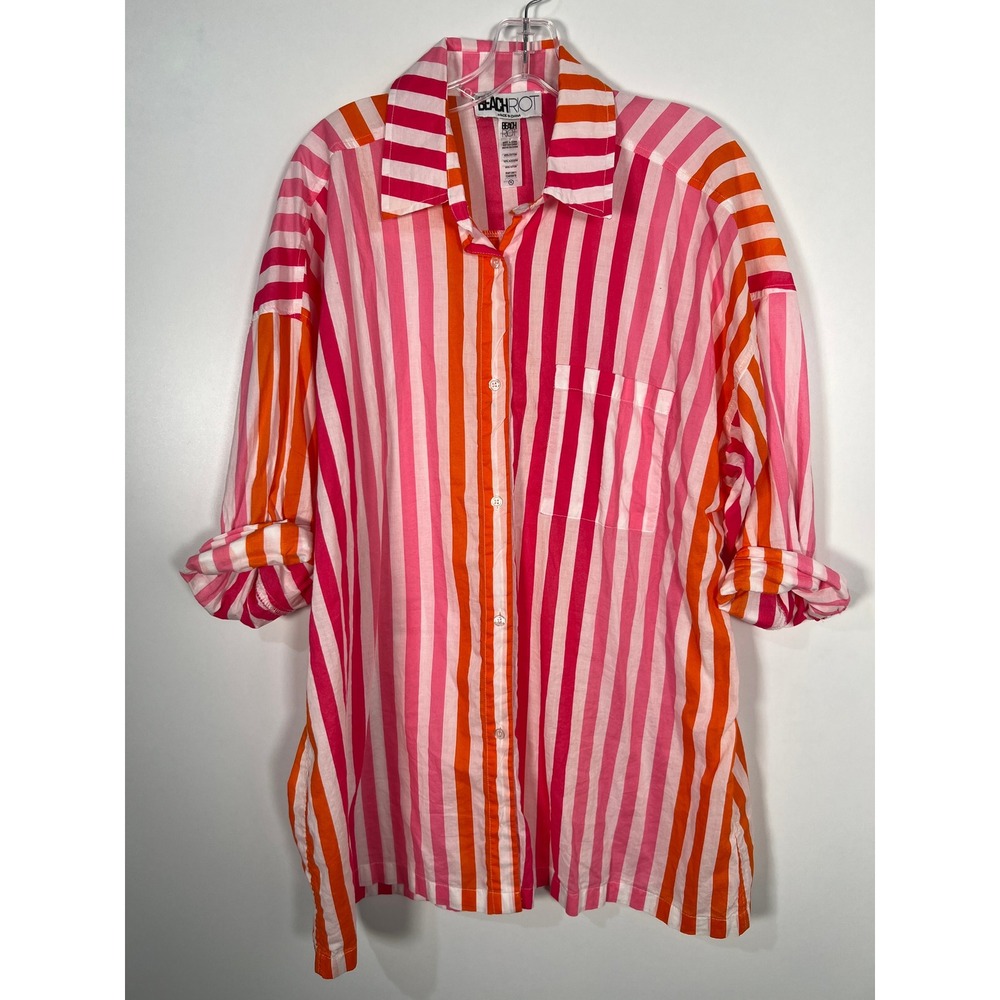 BeachRiot Swim Cover Up Pink Orange Striped Button Down Shirt Cotton Blouse L/XL